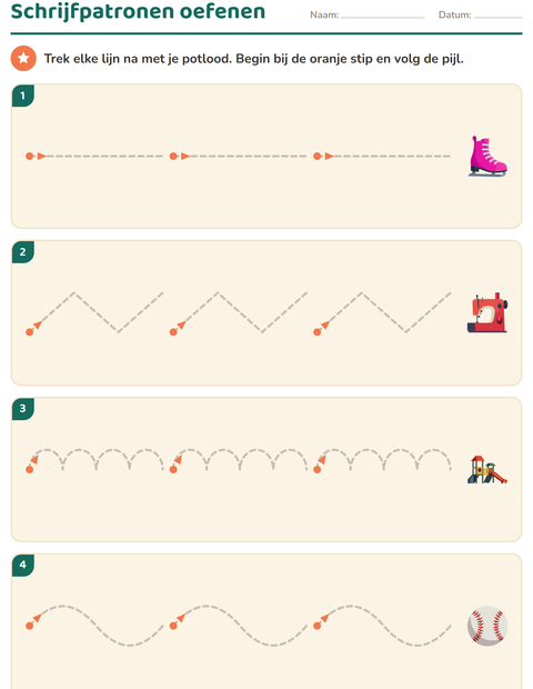 Voorbeeld van het Schrijfpatronen-werkblad met Activiteiten voor kleuterklas