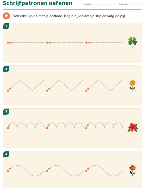 Voorbeeld van het Schrijfpatronen-werkblad met Bloemen voor kleuterklas