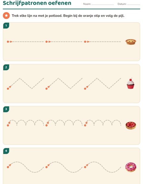 Voorbeeld van het Schrijfpatronen-werkblad met Desserts en snoep voor kleuterklas