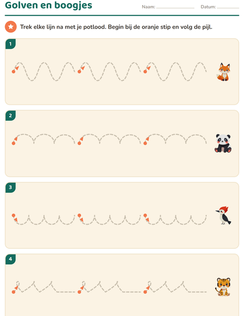 Voorbeeld van het Schrijfpatronen-werkblad met Dieren voor kleuterklas