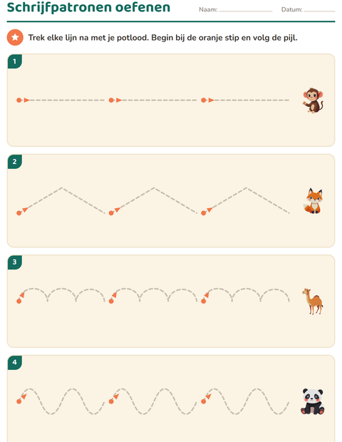 Voorbeeld van het Schrijfpatronen-werkblad met Dierentuindieren voor kleuterklas