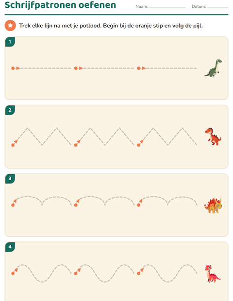 Voorbeeld van het Schrijfpatronen-werkblad met Dinosaurussen voor kleuterklas