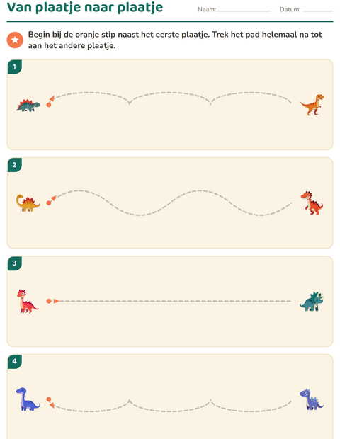 Voorbeeld van het Schrijfpatronen-werkblad met Dinosaurussen voor kleuterklas