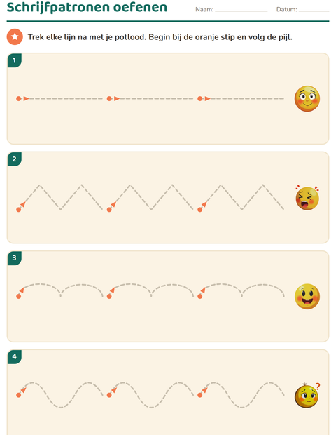 Voorbeeld van het Schrijfpatronen-werkblad met Emoties voor kleuterklas
