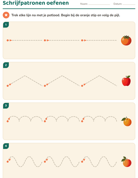 Voorbeeld van het Schrijfpatronen-werkblad met Fruit voor kleuterklas