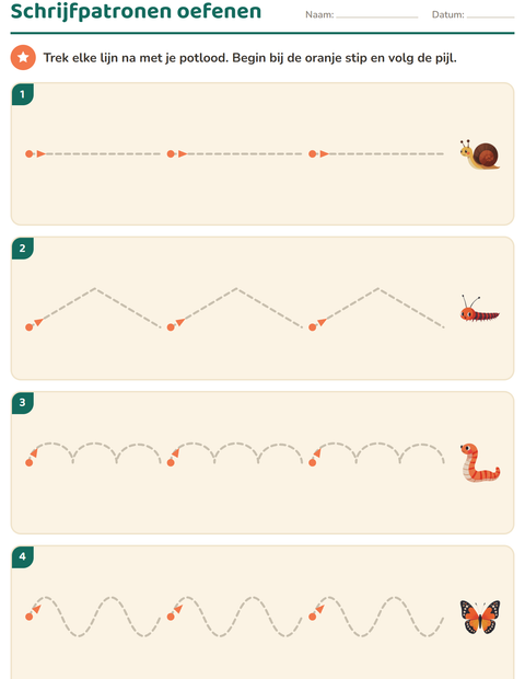 Voorbeeld van het Schrijfpatronen-werkblad met Insecten en beestjes voor kleuterklas