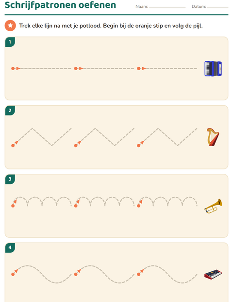 Voorbeeld van het Schrijfpatronen-werkblad met Muziek voor kleuterklas