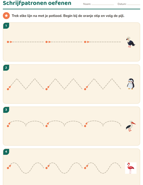 Voorbeeld van het Schrijfpatronen-werkblad met Vogels voor kleuterklas