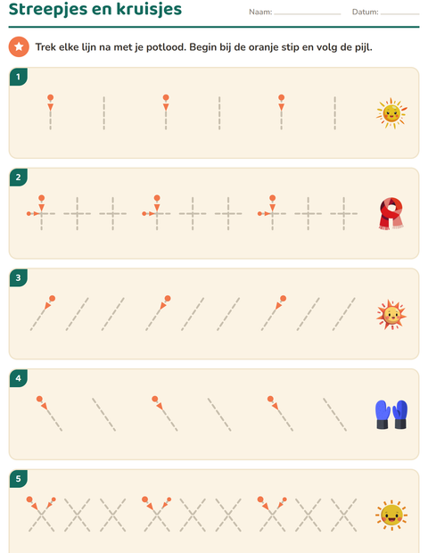 Voorbeeld van het Schrijfpatronen-werkblad met Weer voor kleuterklas