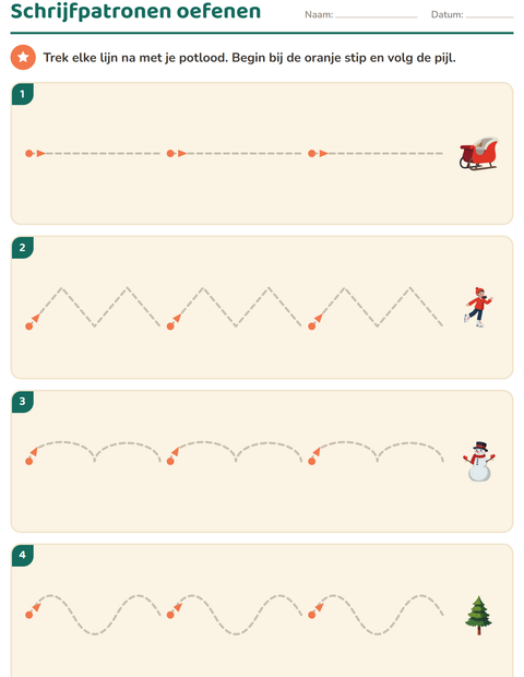Voorbeeld van het Schrijfpatronen-werkblad met Winter voor kleuterklas