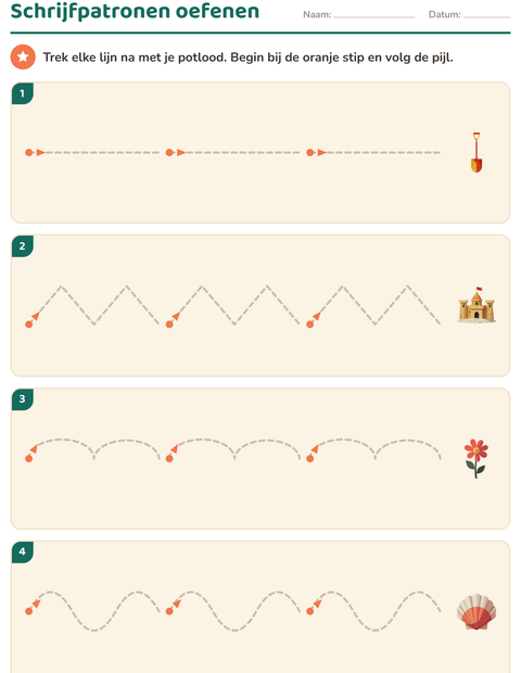 Voorbeeld van het Schrijfpatronen-werkblad met Zomer voor kleuterklas