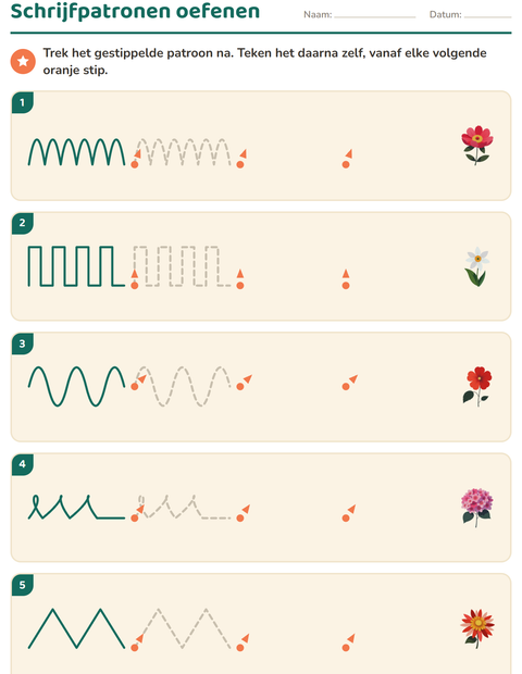 Voorbeeld van het Schrijfpatronen-werkblad met Bloemen voor kleuterklas