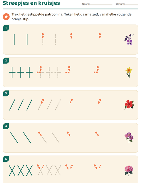 Voorbeeld van het Schrijfpatronen-werkblad met Bloemen voor kleuterklas