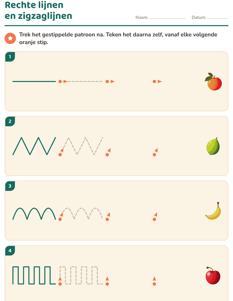 Voorbeeld van het Schrijfpatronen-werkblad met Fruit voor kleuterklas
