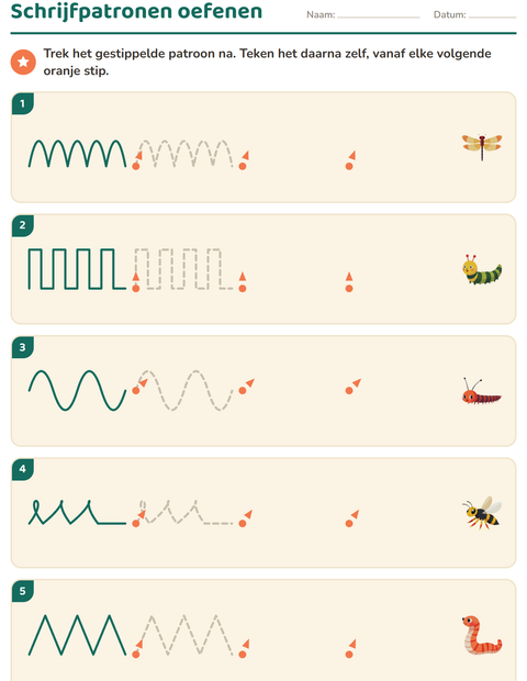 Voorbeeld van het Schrijfpatronen-werkblad met Insecten en beestjes voor kleuterklas