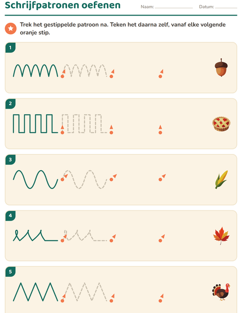 Voorbeeld van het Schrijfpatronen-werkblad met Thanksgiving voor kleuterklas