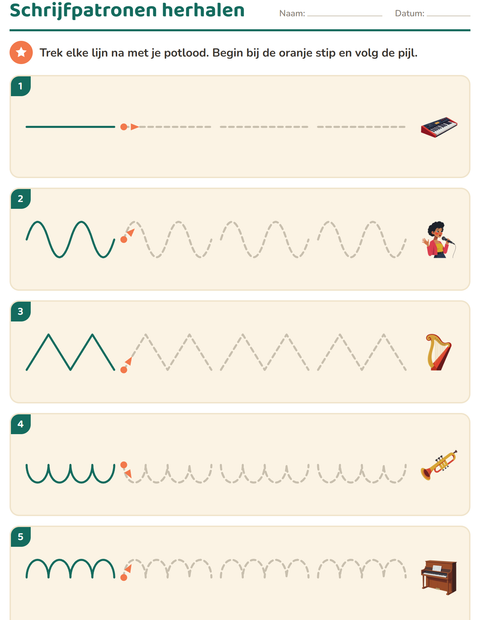 Voorbeeld van het Schrijfpatronen-werkblad met Muziek voor kleuterklas