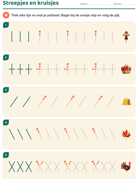 Voorbeeld van het Schrijfpatronen-werkblad met Thanksgiving voor kleuterklas