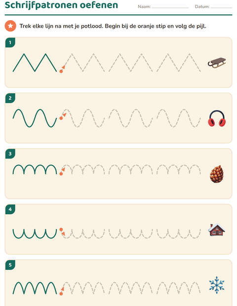 Voorbeeld van het Schrijfpatronen-werkblad met Winter voor kleuterklas