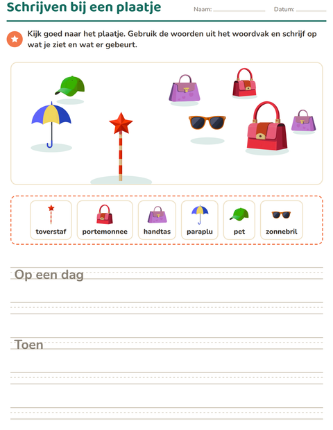 Voorbeeld van het Schrijven bij een plaatje-werkblad met Accessoires voor groep 4