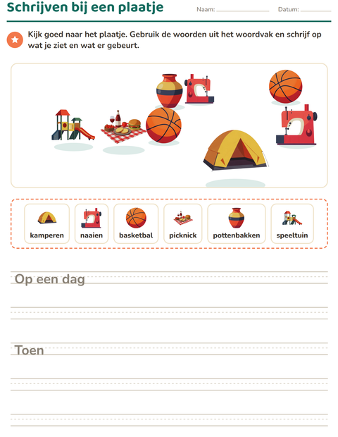 Voorbeeld van het Schrijven bij een plaatje-werkblad met Activiteiten voor groep 4