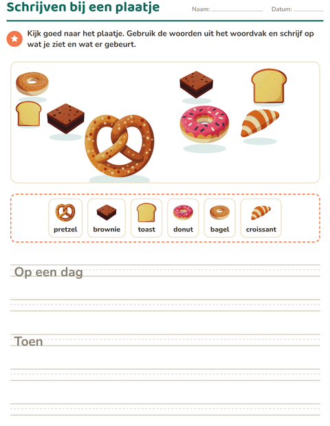 Voorbeeld van het Schrijven bij een plaatje-werkblad met Bakkerij voor groep 4