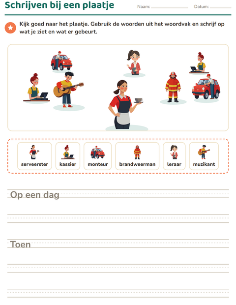 Voorbeeld van het Schrijven bij een plaatje-werkblad met Beroepen voor groep 4