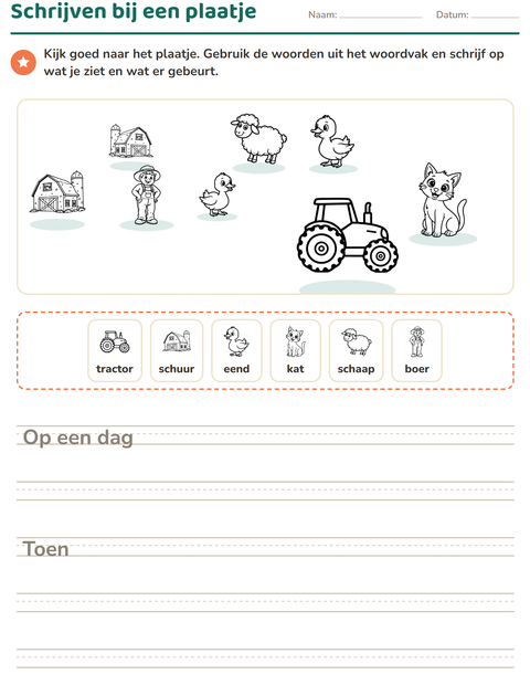 Voorbeeld van het Schrijven bij een plaatje-werkblad met Boerderij ZW voor groep 4