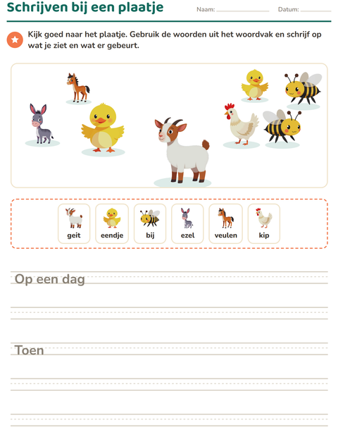 Voorbeeld van het Schrijven bij een plaatje-werkblad met Boerderijdieren voor groep 4