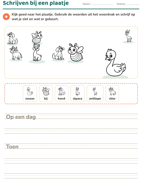 Voorbeeld van het Schrijven bij een plaatje-werkblad met Boerderijdieren ZW voor groep 4