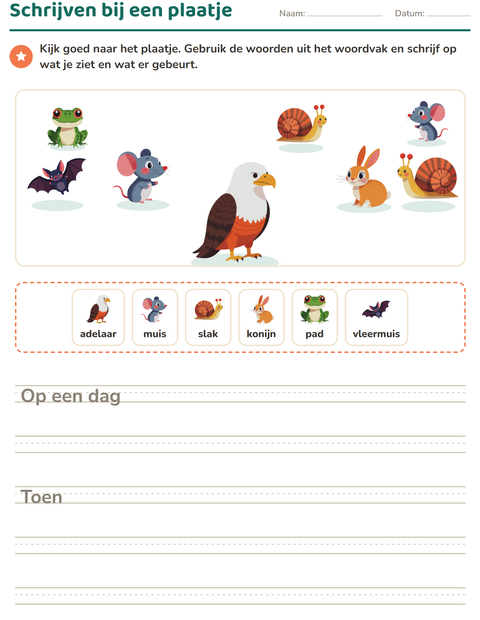 Voorbeeld van het Schrijven bij een plaatje-werkblad met Boswezens voor groep 4