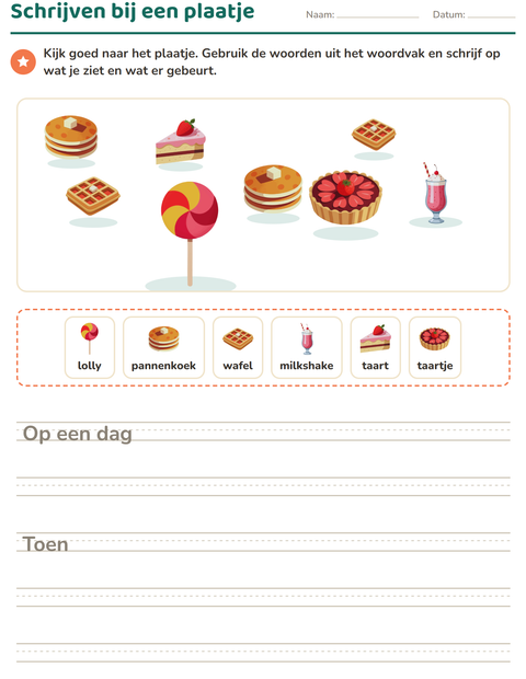 Voorbeeld van het Schrijven bij een plaatje-werkblad met Desserts en snoep voor groep 4