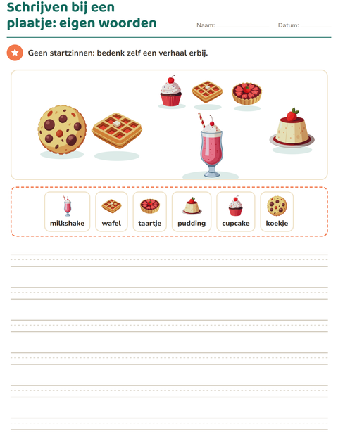 Voorbeeld van het Schrijven bij een plaatje-werkblad met Desserts en snoep voor groep 4