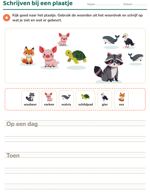Voorbeeld van het Schrijven bij een plaatje-werkblad met Dieren voor groep 4