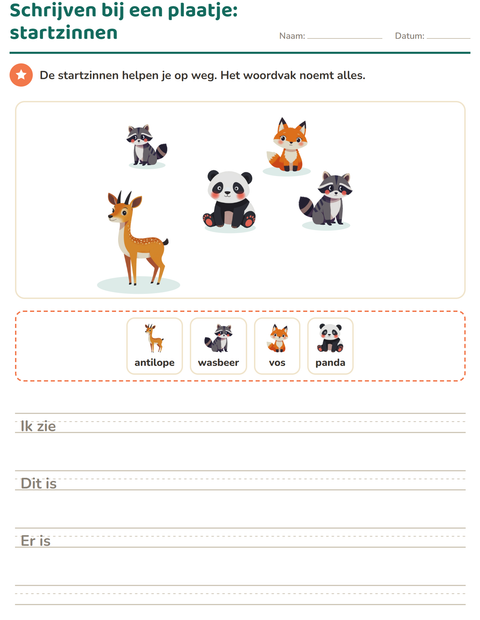 Voorbeeld van het Schrijven bij een plaatje-werkblad met Dieren voor groep 4