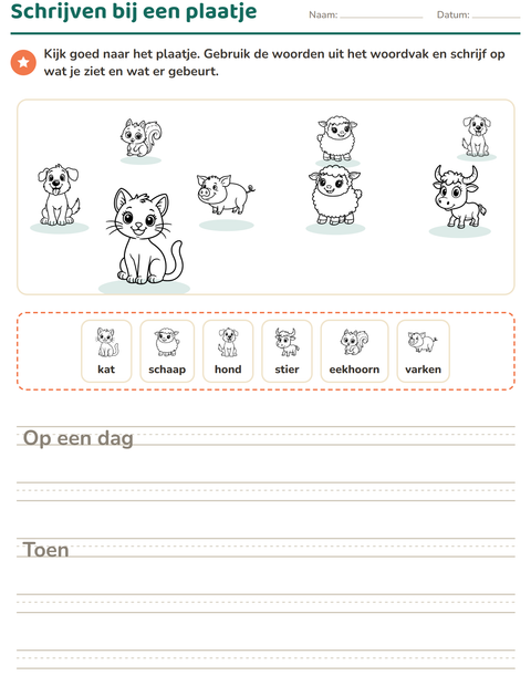 Voorbeeld van het Schrijven bij een plaatje-werkblad met Dieren ZW 2 voor groep 4