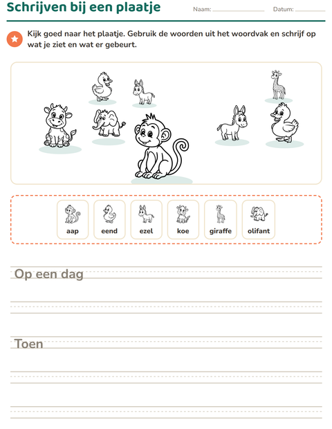 Voorbeeld van het Schrijven bij een plaatje-werkblad met Dieren ZW 3 voor groep 4