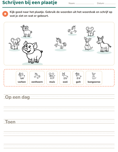 Voorbeeld van het Schrijven bij een plaatje-werkblad met Dieren ZW 4 voor groep 4