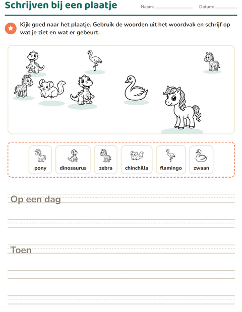 Voorbeeld van het Schrijven bij een plaatje-werkblad met Dieren ZW 5 voor groep 4