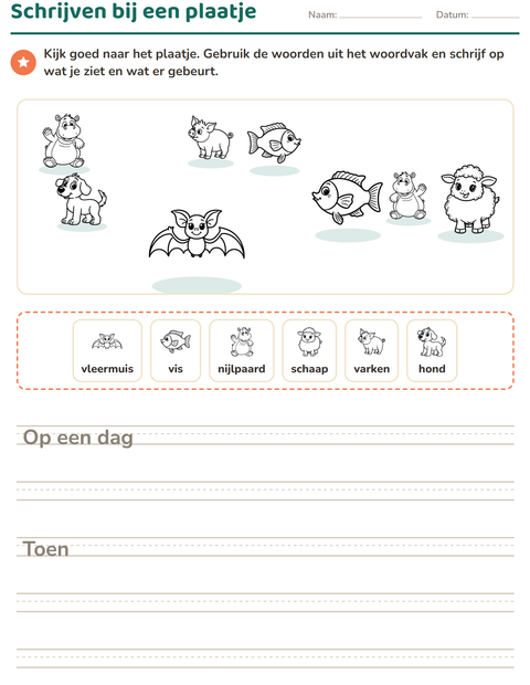 Voorbeeld van het Schrijven bij een plaatje-werkblad met Dieren ZW voor groep 4
