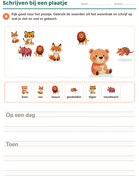 Voorbeeld van het Schrijven bij een plaatje-werkblad met Dierentuindieren voor groep 4