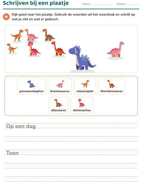 Voorbeeld van het Schrijven bij een plaatje-werkblad met Dinosaurussen voor groep 4