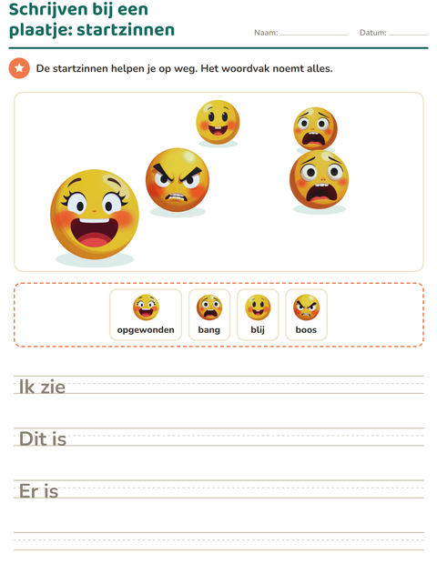Voorbeeld van het Schrijven bij een plaatje-werkblad met Emoties voor groep 4