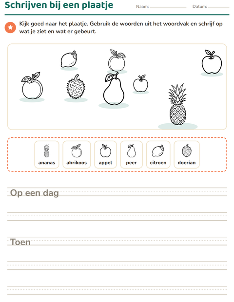 Voorbeeld van het Schrijven bij een plaatje-werkblad met Fruit ZW voor groep 4