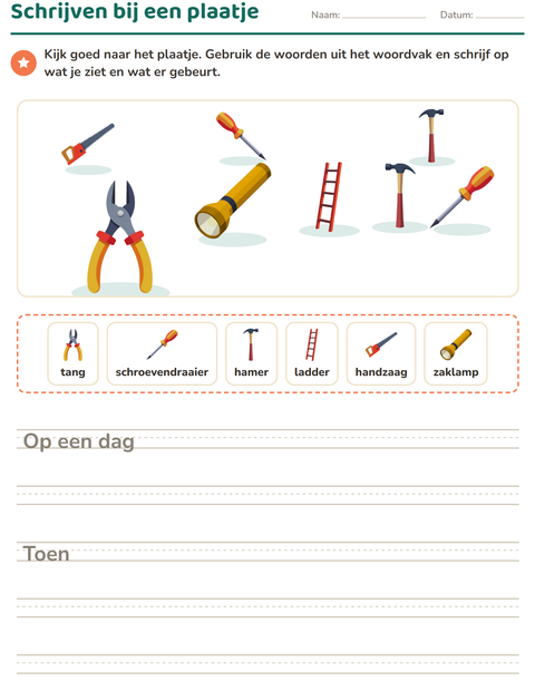 Voorbeeld van het Schrijven bij een plaatje-werkblad met Gereedschap voor groep 4