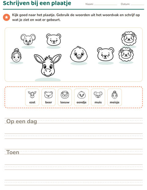 Voorbeeld van het Schrijven bij een plaatje-werkblad met Gezichten ZW voor groep 4