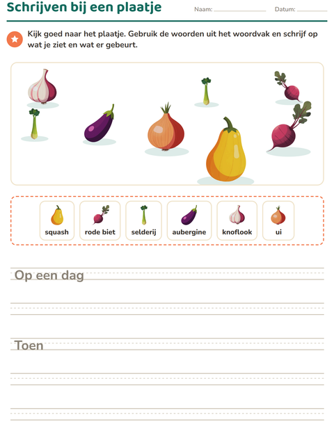 Voorbeeld van het Schrijven bij een plaatje-werkblad met Groenten voor groep 4
