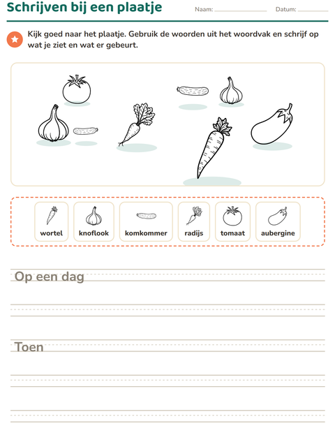 Voorbeeld van het Schrijven bij een plaatje-werkblad met Groenten ZW voor groep 4