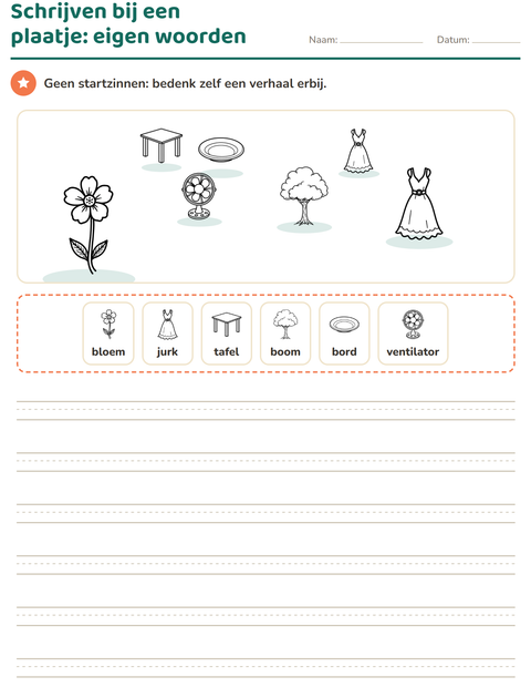 Voorbeeld van het Schrijven bij een plaatje-werkblad met Huis en Natuur ZW voor groep 4