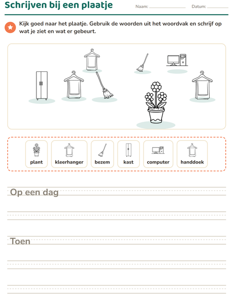 Voorbeeld van het Schrijven bij een plaatje-werkblad met Huishouden ZW voor groep 4